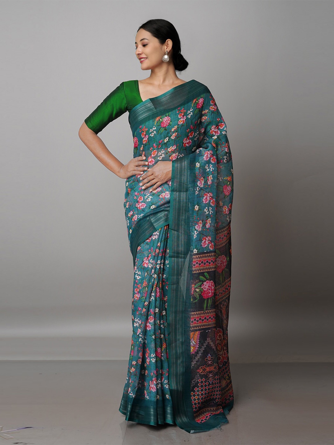 

Unnati Silks Floral Zari Linen Blend Jamdani Saree, Green