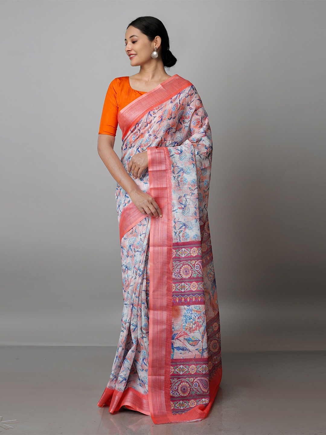 

Unnati Silks Floral Zari Linen Blend Jamdani Handloom Saree, White