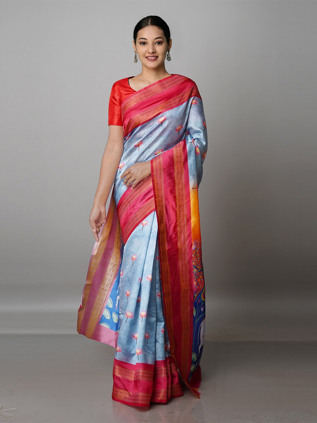 

Unnati Silks Floral Zari Silk Blend Block Print Saree, Grey