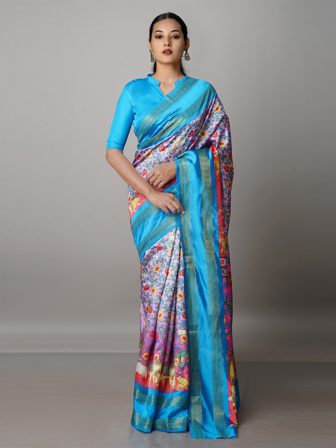 

Unnati Silks Kalamkari Zari Silk Blend Block Print Saree, Pink