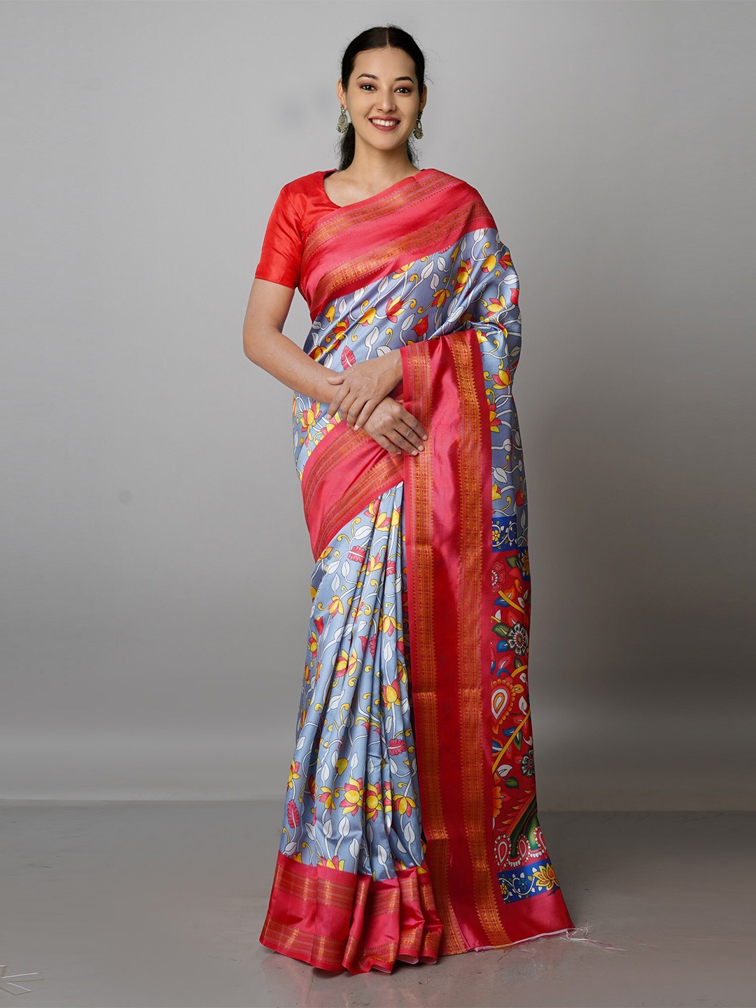 

Unnati Silks Kalamkari Zari Silk Blend Block Print Saree, Grey