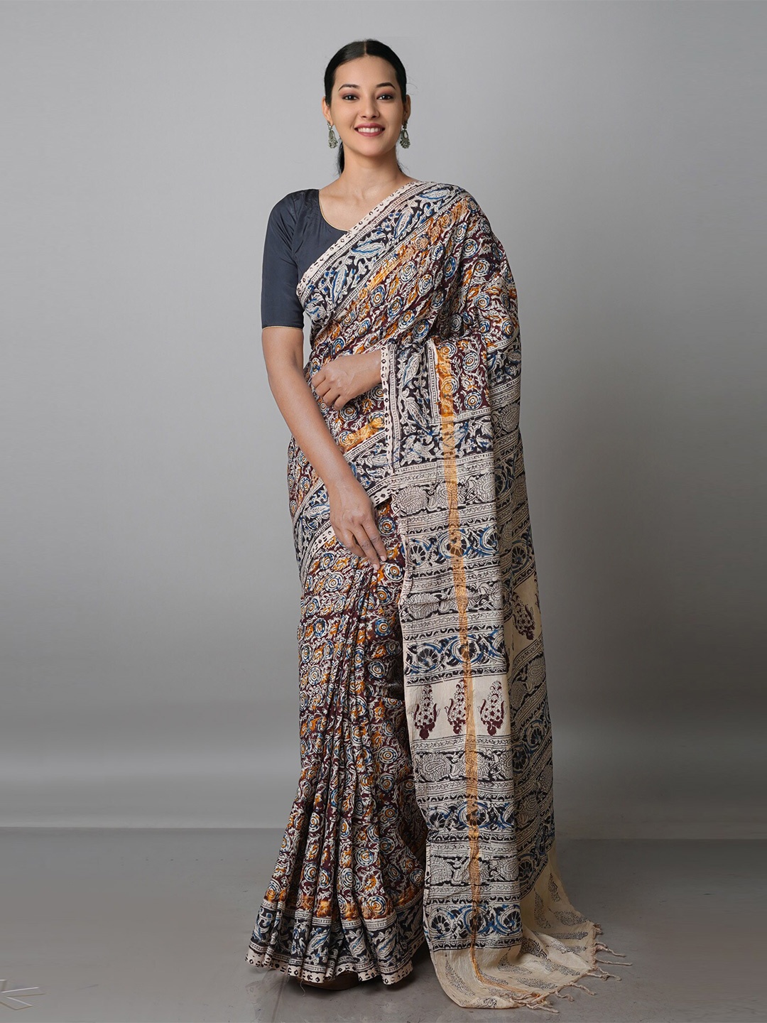 

Unnati Silks Kalamkari Zari Pure Silk Block Print Saree, Grey
