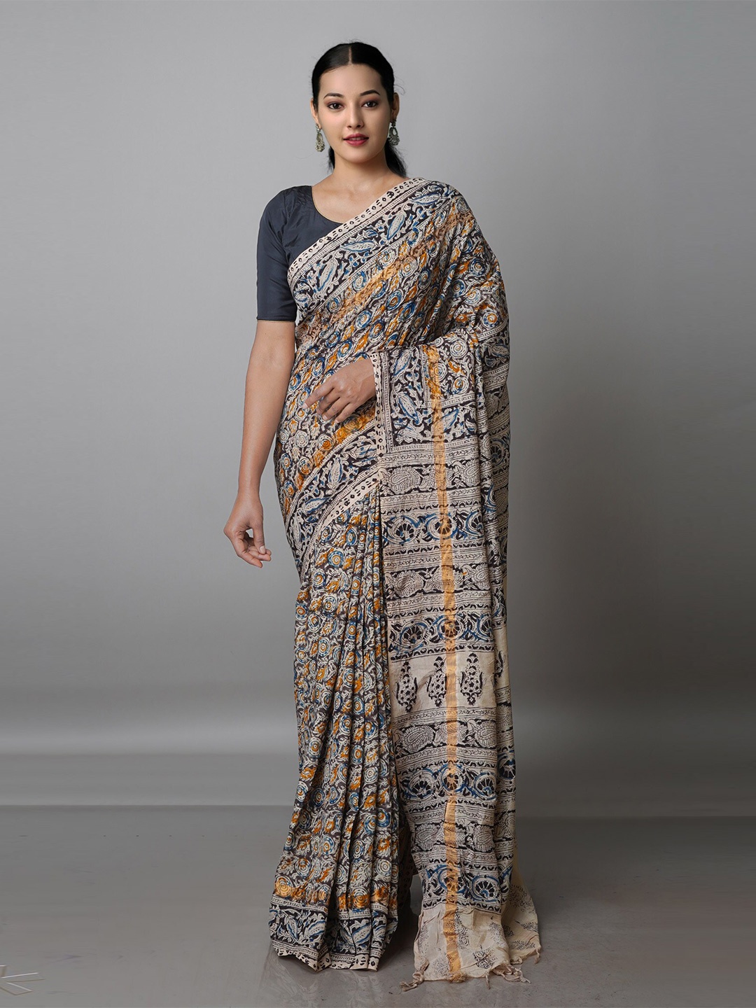 

Unnati Silks Kalamkari Pure Silk Block Print Saree, Beige