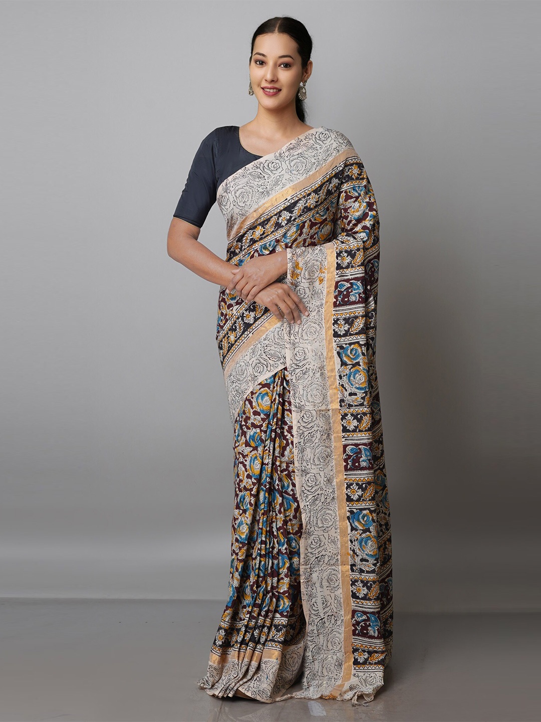 

Unnati Silks Kalamkari Pure Silk Block Print Handloom Saree, Black