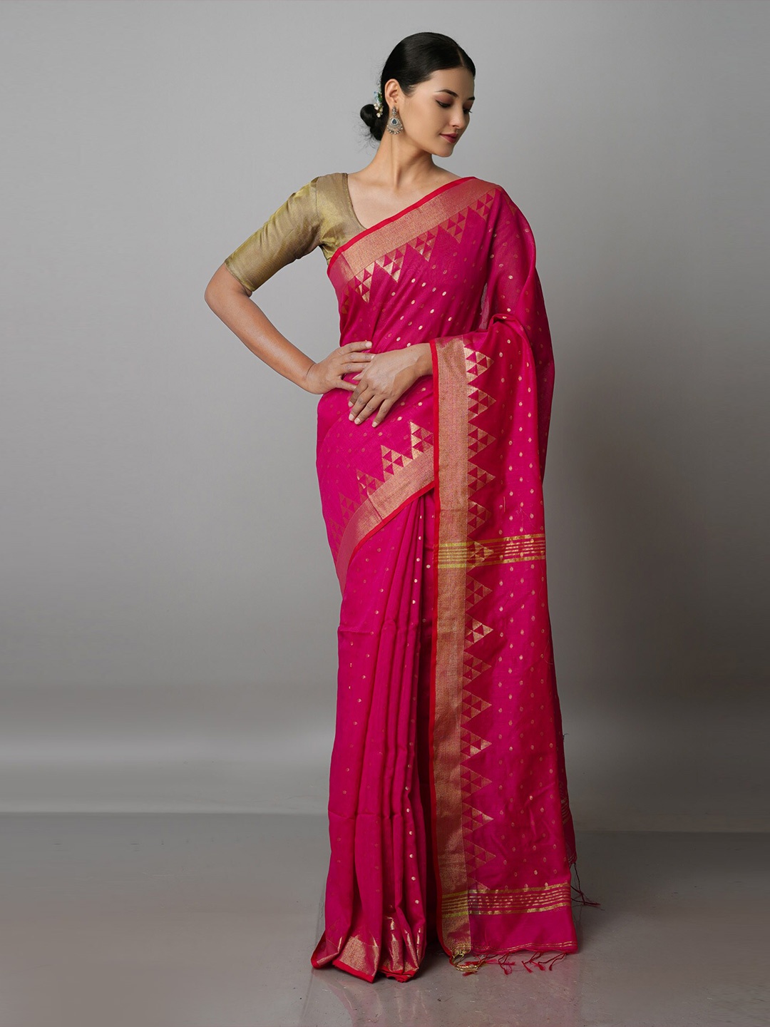 

Unnati Silks Zari Silk Cotton Jamdani Saree, Pink