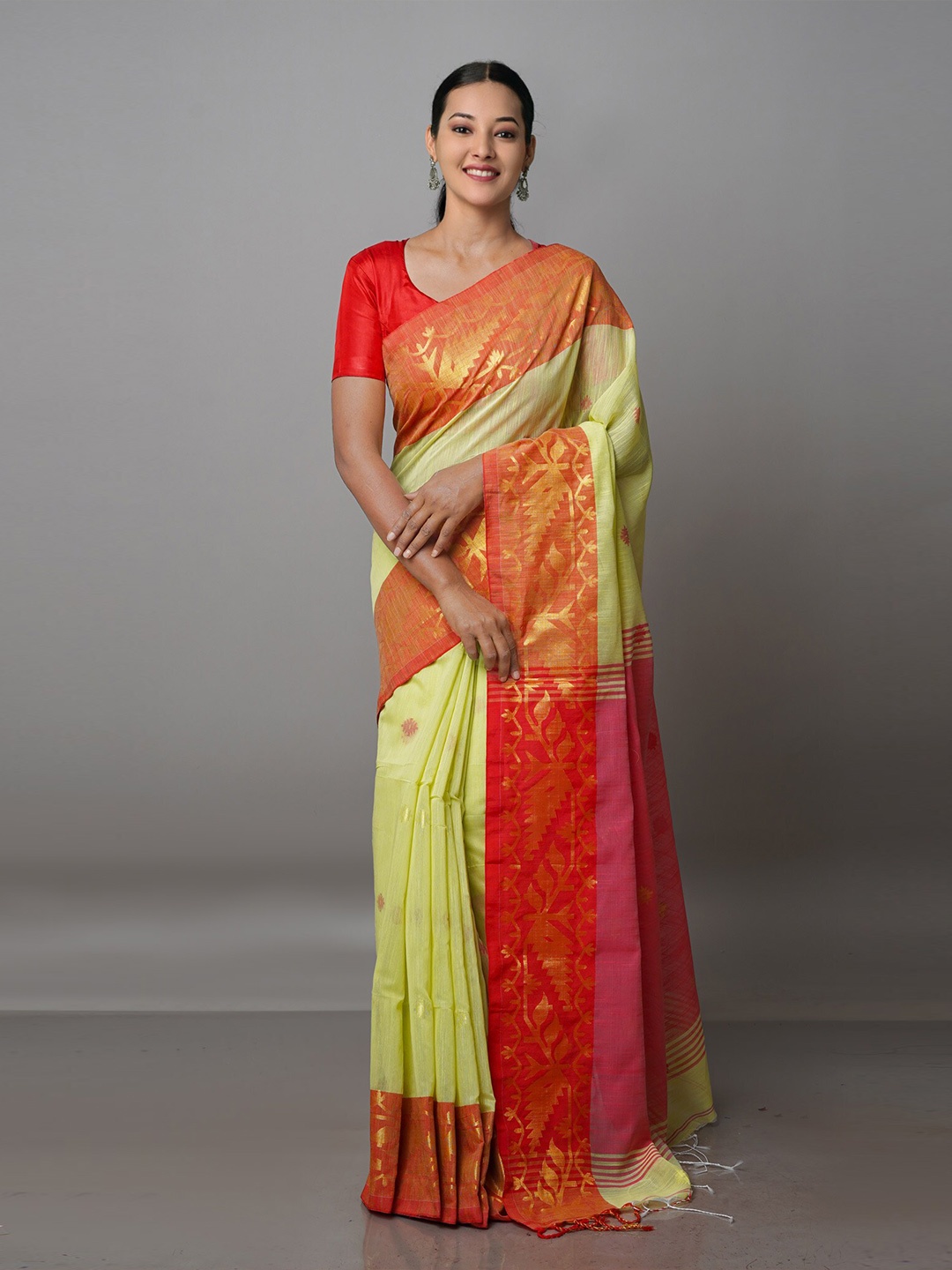 

Unnati Silks Ethnic Motifs Zari Silk Cotton Jamdani Saree, Green