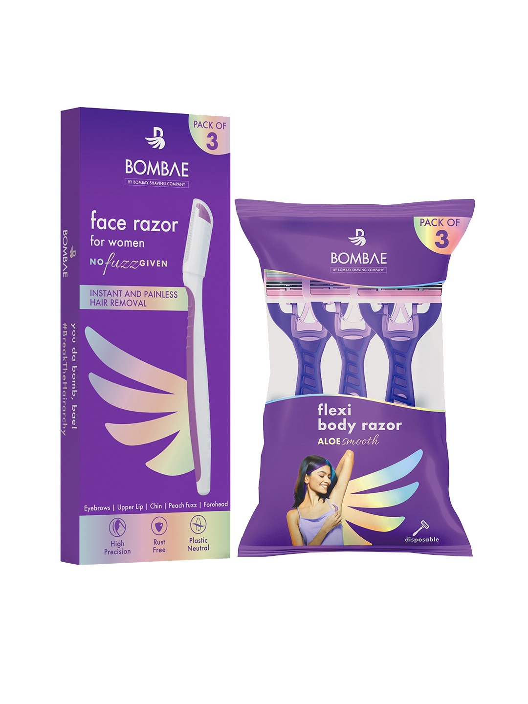 

BOMBAE Set Of No Fuzz Given Face Razor & Flexi Aloe Smooth Body Razor - 6 pieces, Purple