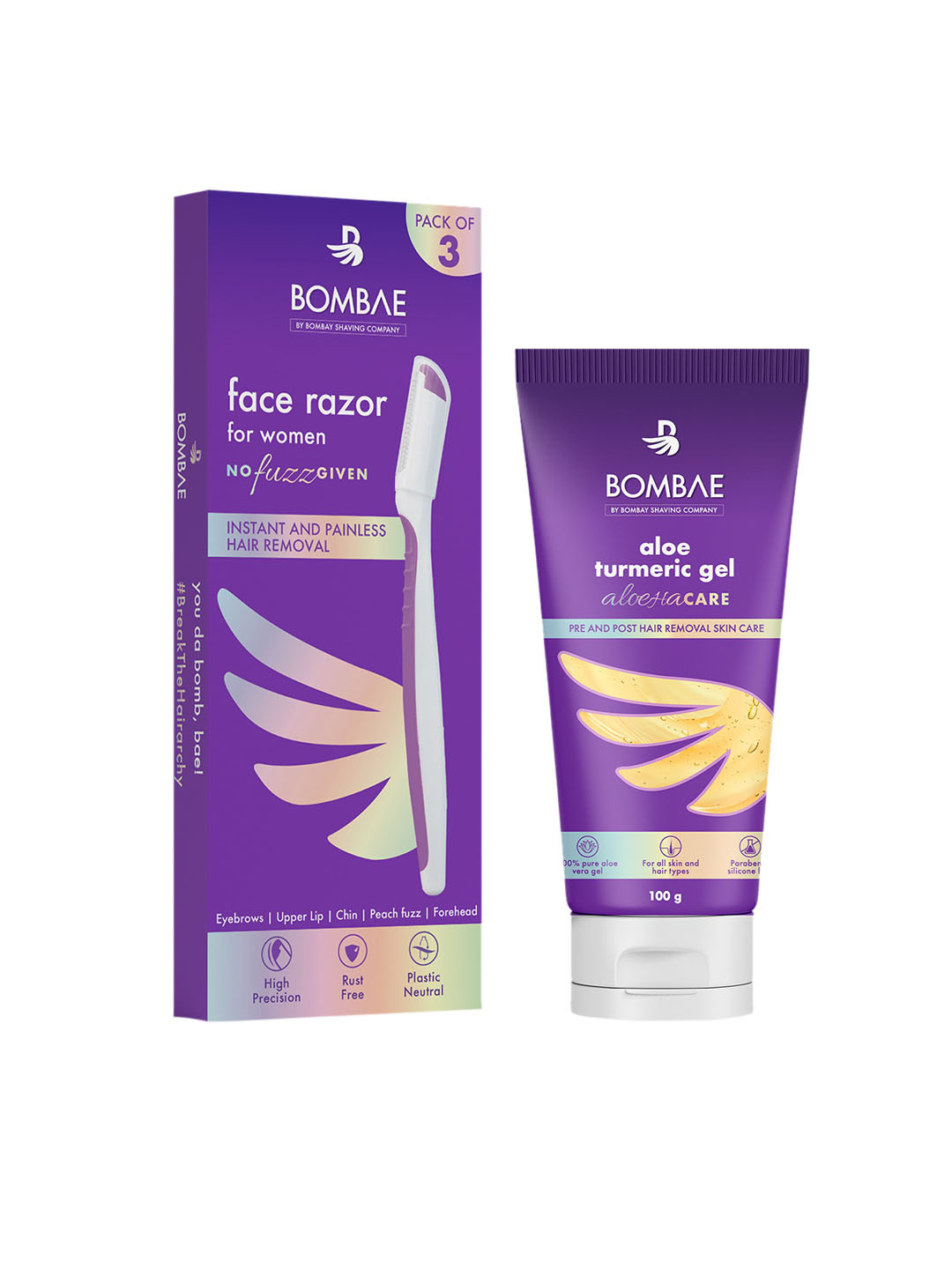 

BOMBAE Set of Aloehacare Pre Post Hair Removal Gel & No Fuzz Given Face Razor, Purple