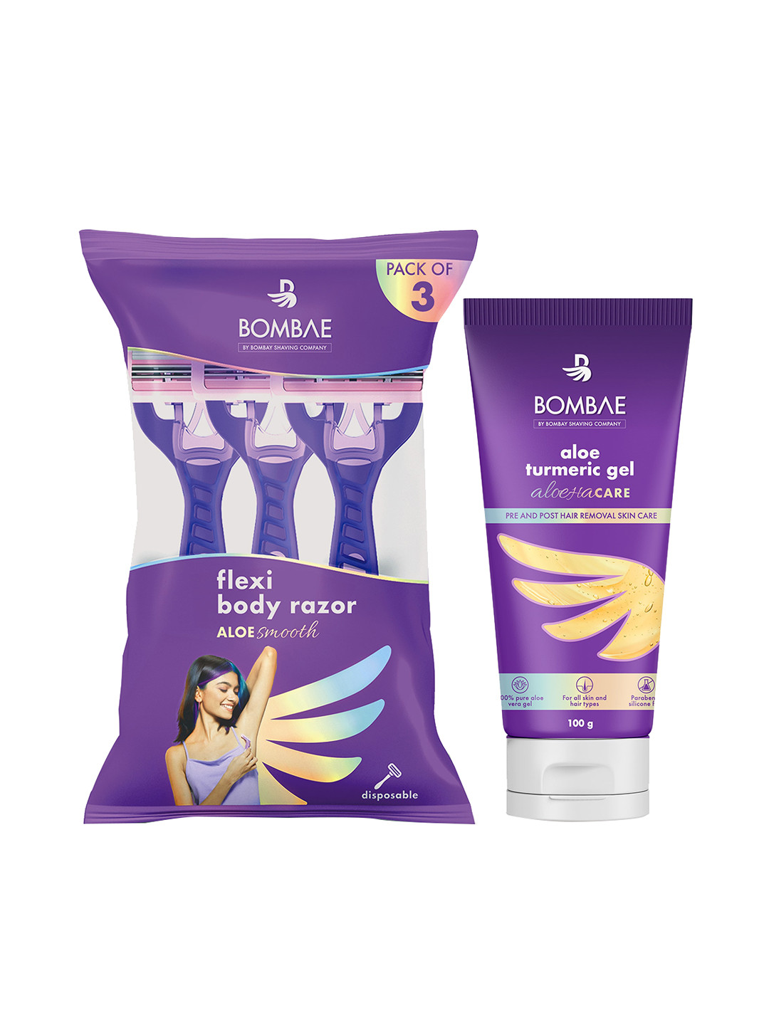 

BOMBAE Set Of 2 Aloe Smooth Disposable Flexi Body Razor & Aloehacare Hair Removal Gel, Purple