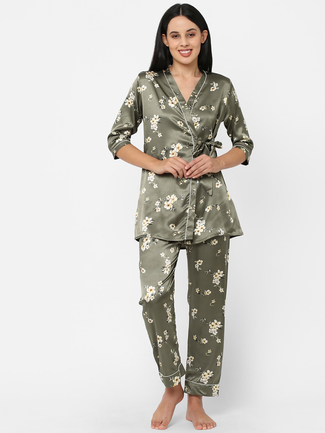 

Sweet Dreams Women 3 Piece Printed Satin Night suit, Grey