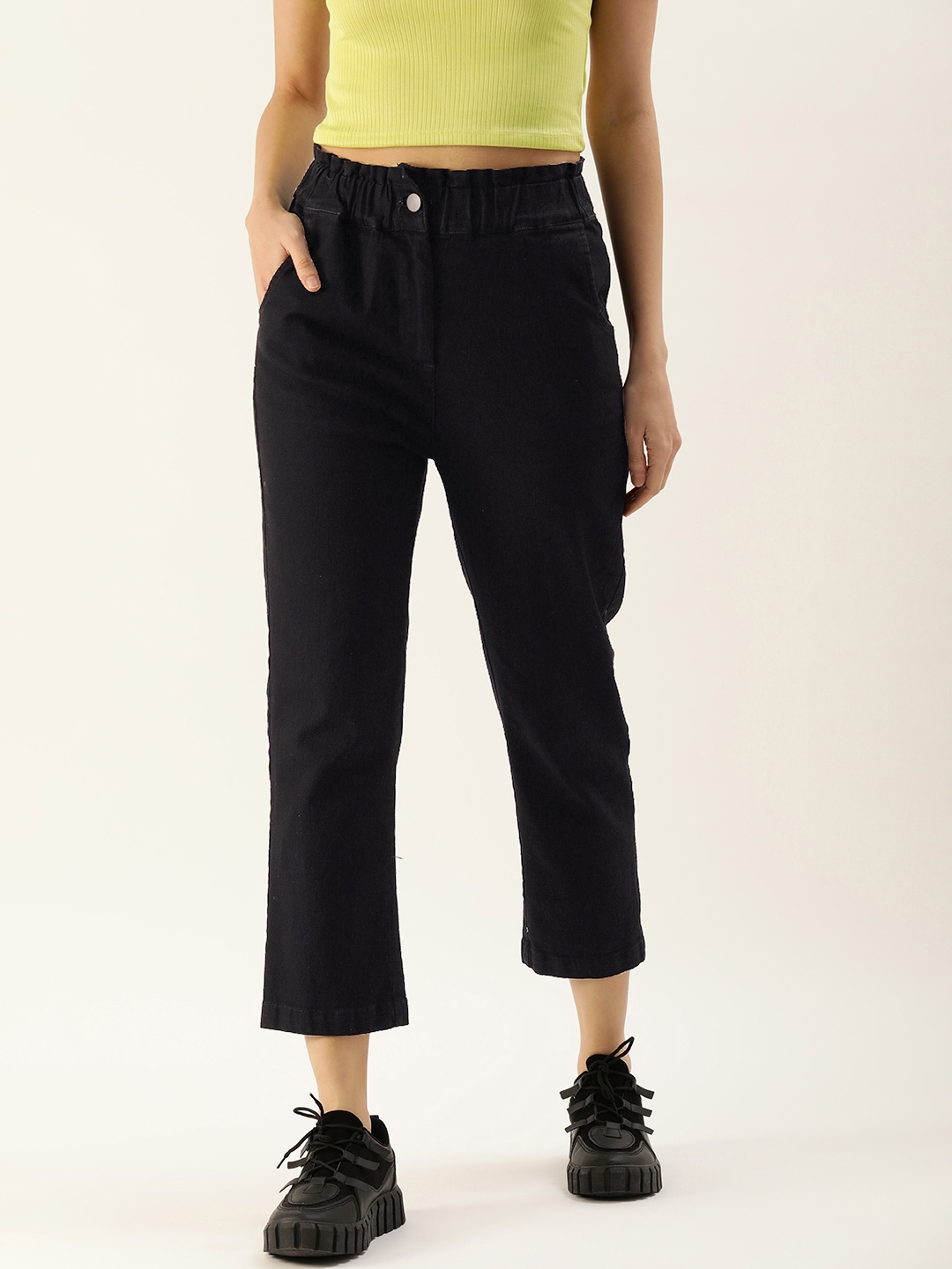 

IVOC Women High-Rise Paper Bag Style Stretchable Jeans, Black