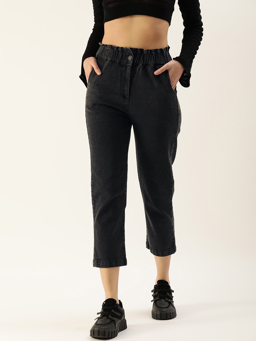 

IVOC Women High-Rise Paper Bag Style Stretchable Jeans, Charcoal