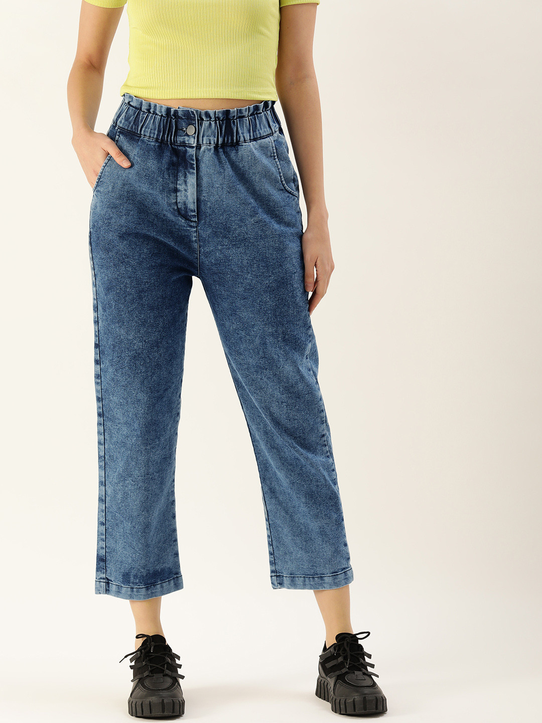 

IVOC Women High-Rise Paper Bag Style Stretchable Jeans, Navy blue
