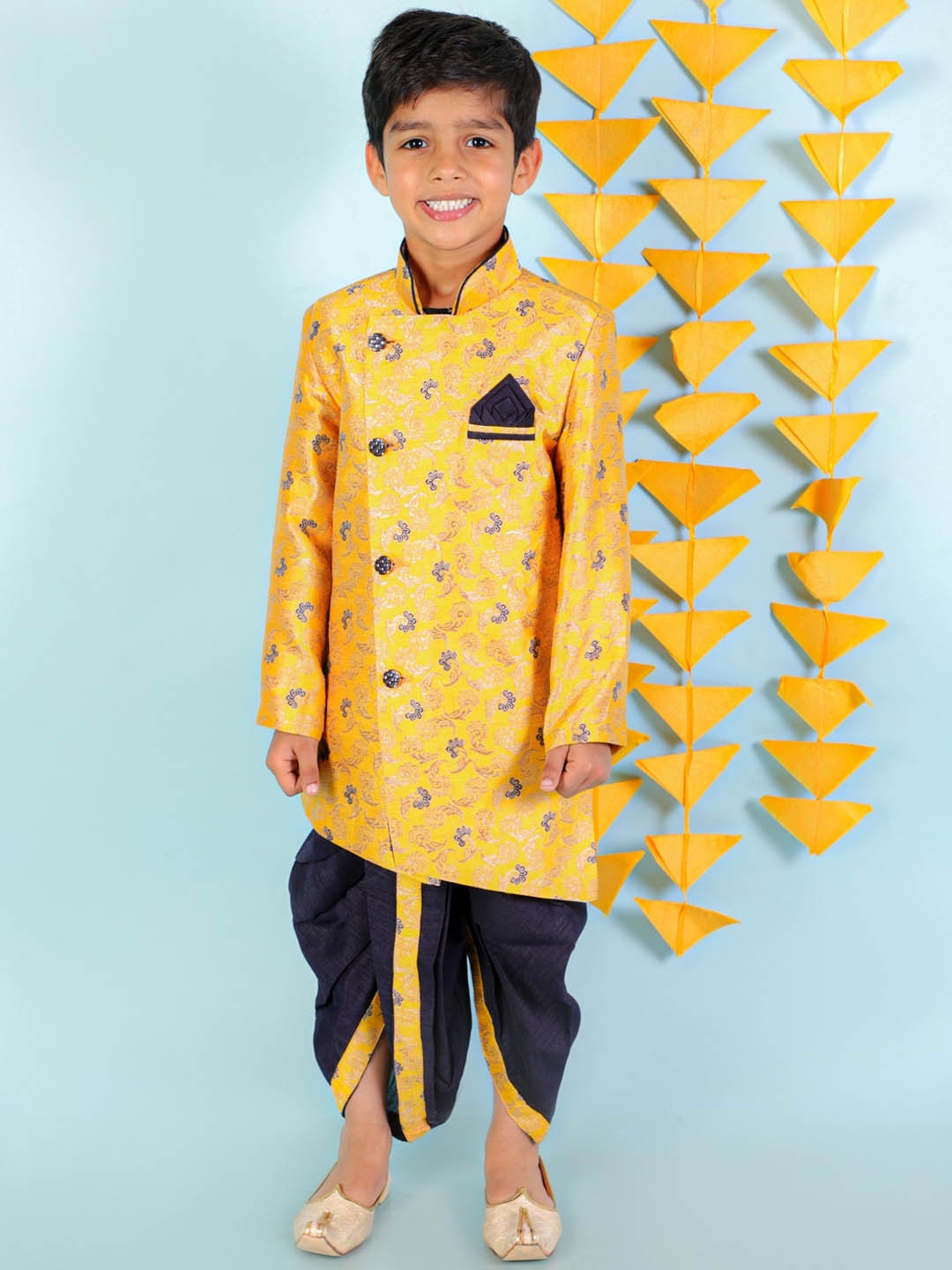 

KID1 Boys Printed Sherwani With Dhoti Pant Set, Yellow