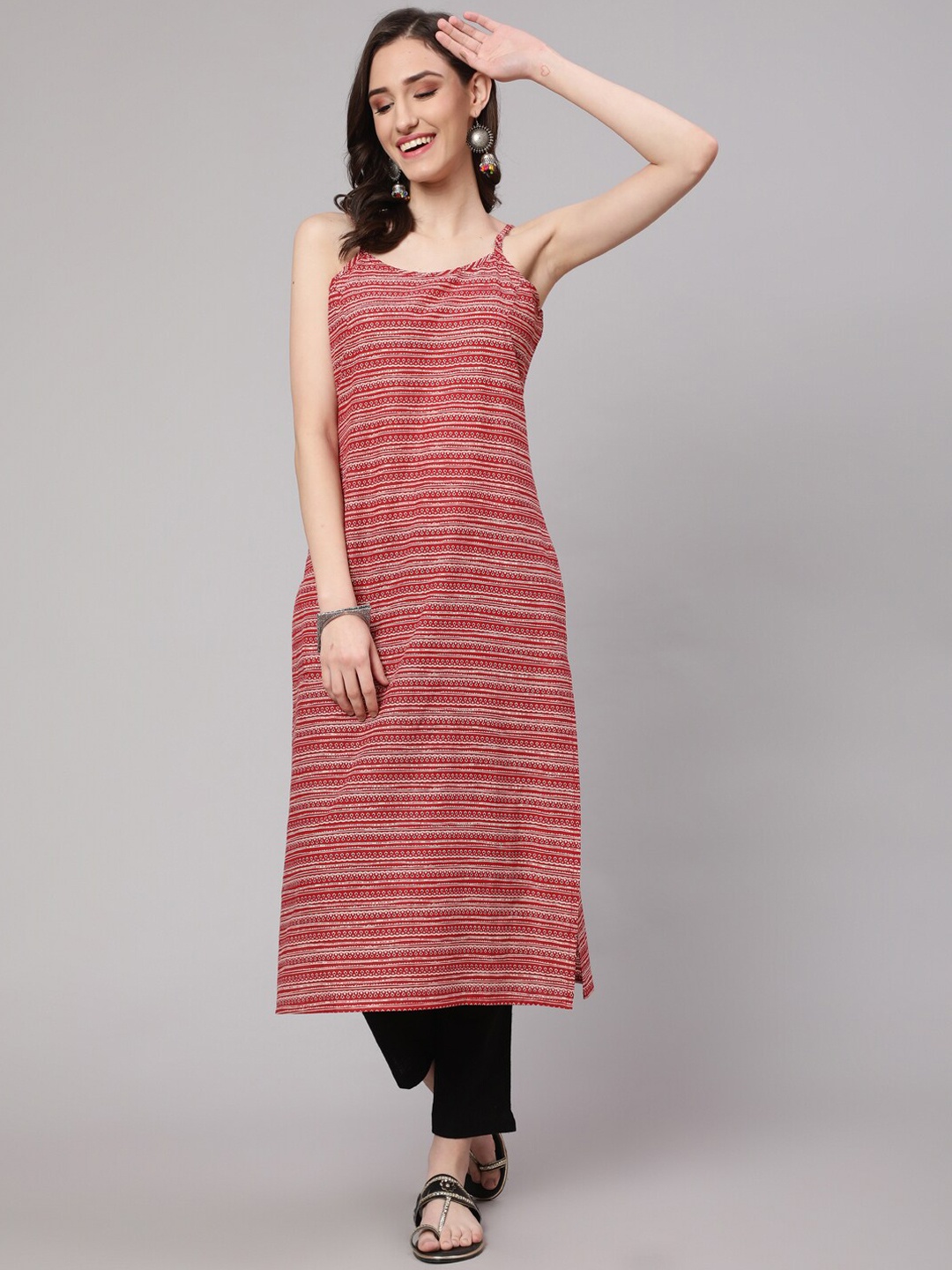 

Nayo Striped Shoulder Straps Regular Kurta, Red