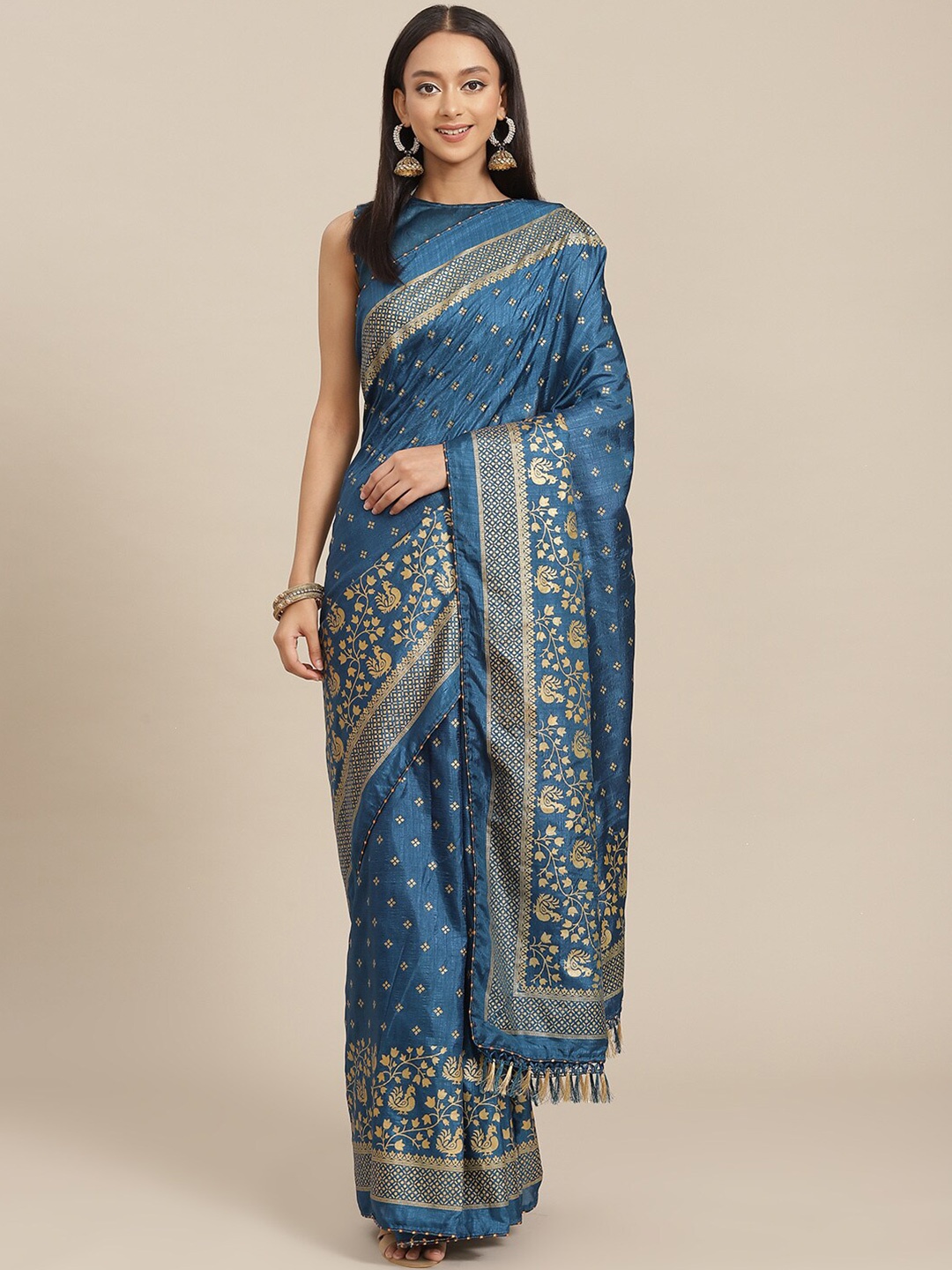 

GAJARAI Floral Zari Silk Blend Banarasi Saree, Blue