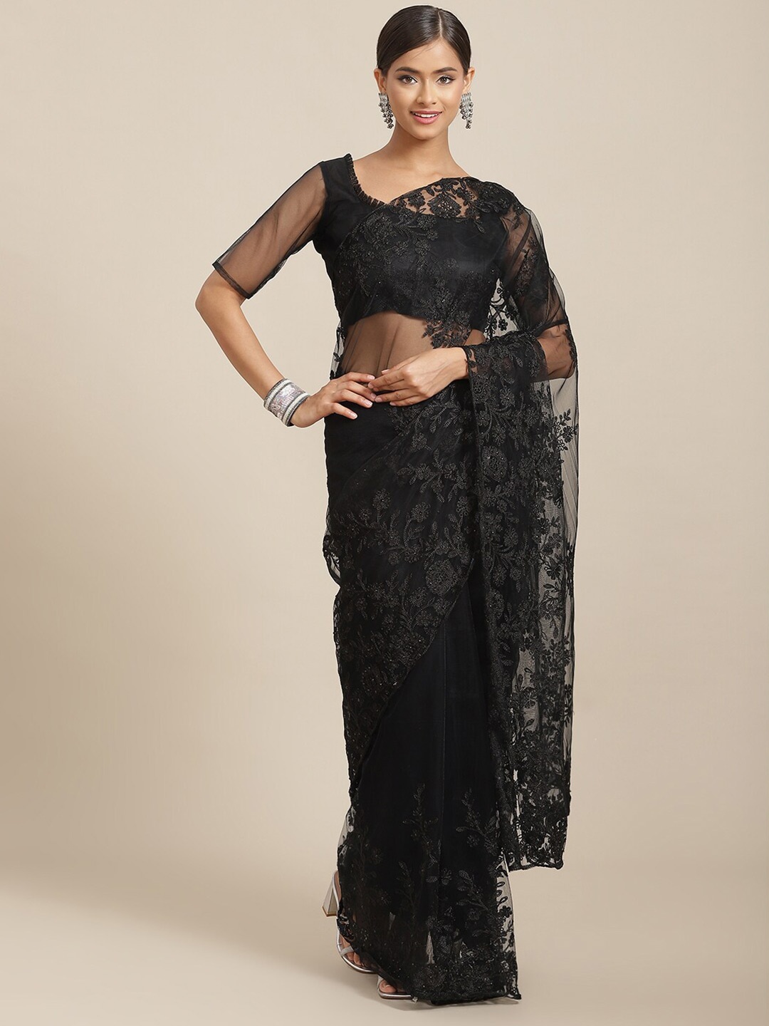 

GAJARAI Black & Silver-Toned Floral Embroidered Net Saree