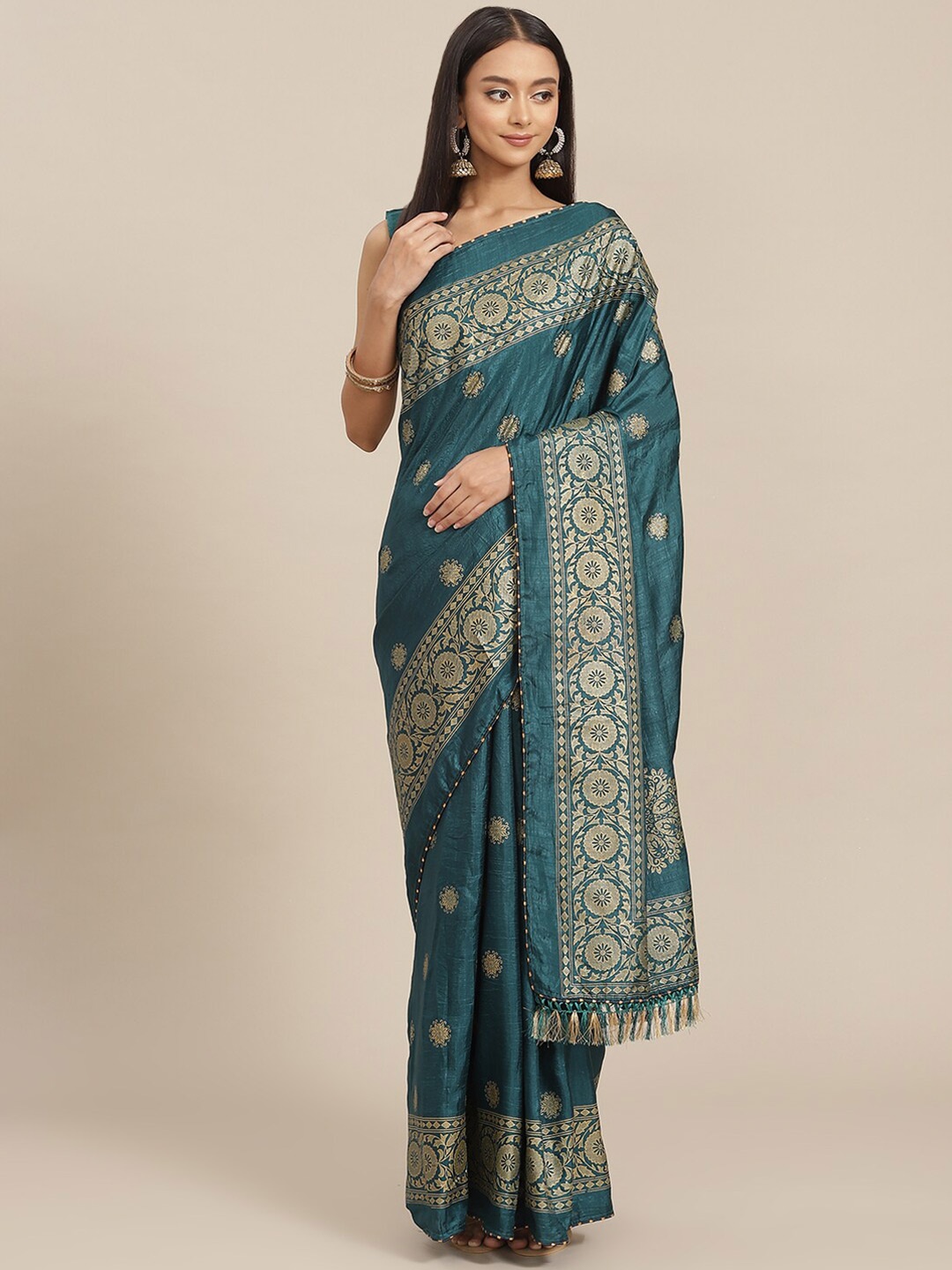 

GAJARAI Ethnic Motifs Zari Silk Blend Banarasi Saree, Turquoise blue