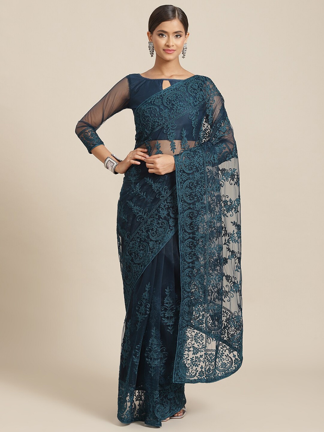 

GAJARAI Floral Embroidered Net Saree, Navy blue