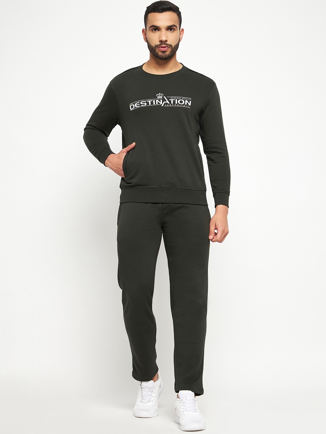 

Duke Men Typography Fleece Tracksuits, Olive
