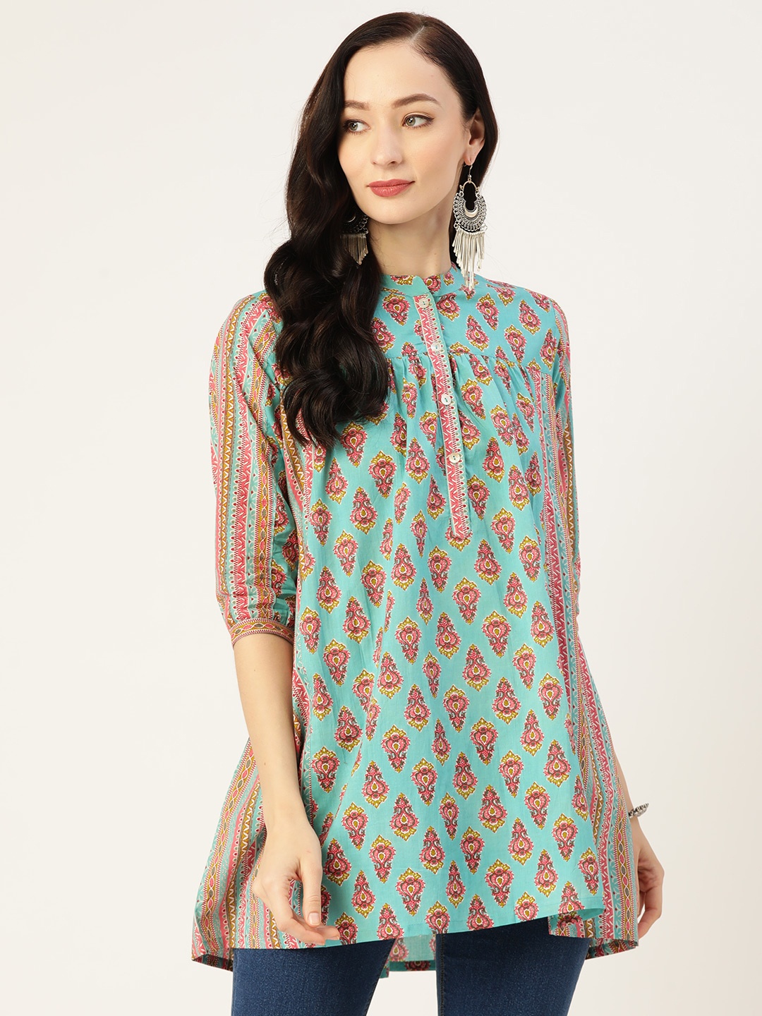 

Jaipur Morni Ethnic Motifs Print Longline A-Line Top, Blue