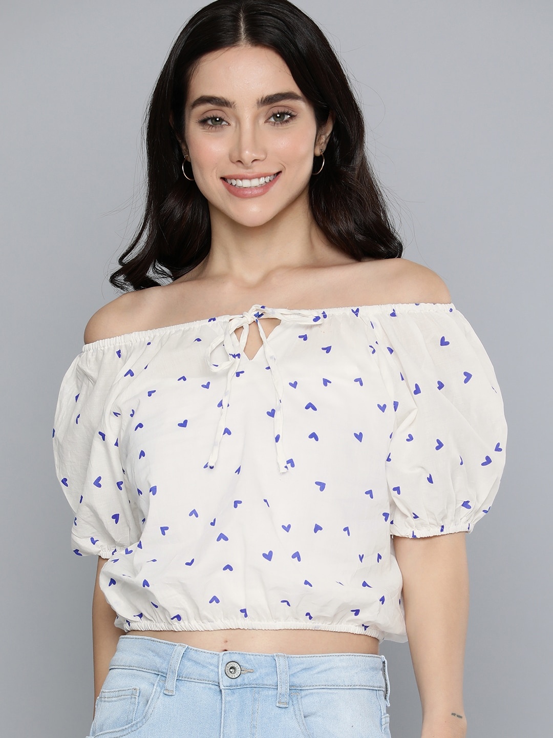 

Mast & Harbour Pure Cotton Print Off-Shoulder Top, White