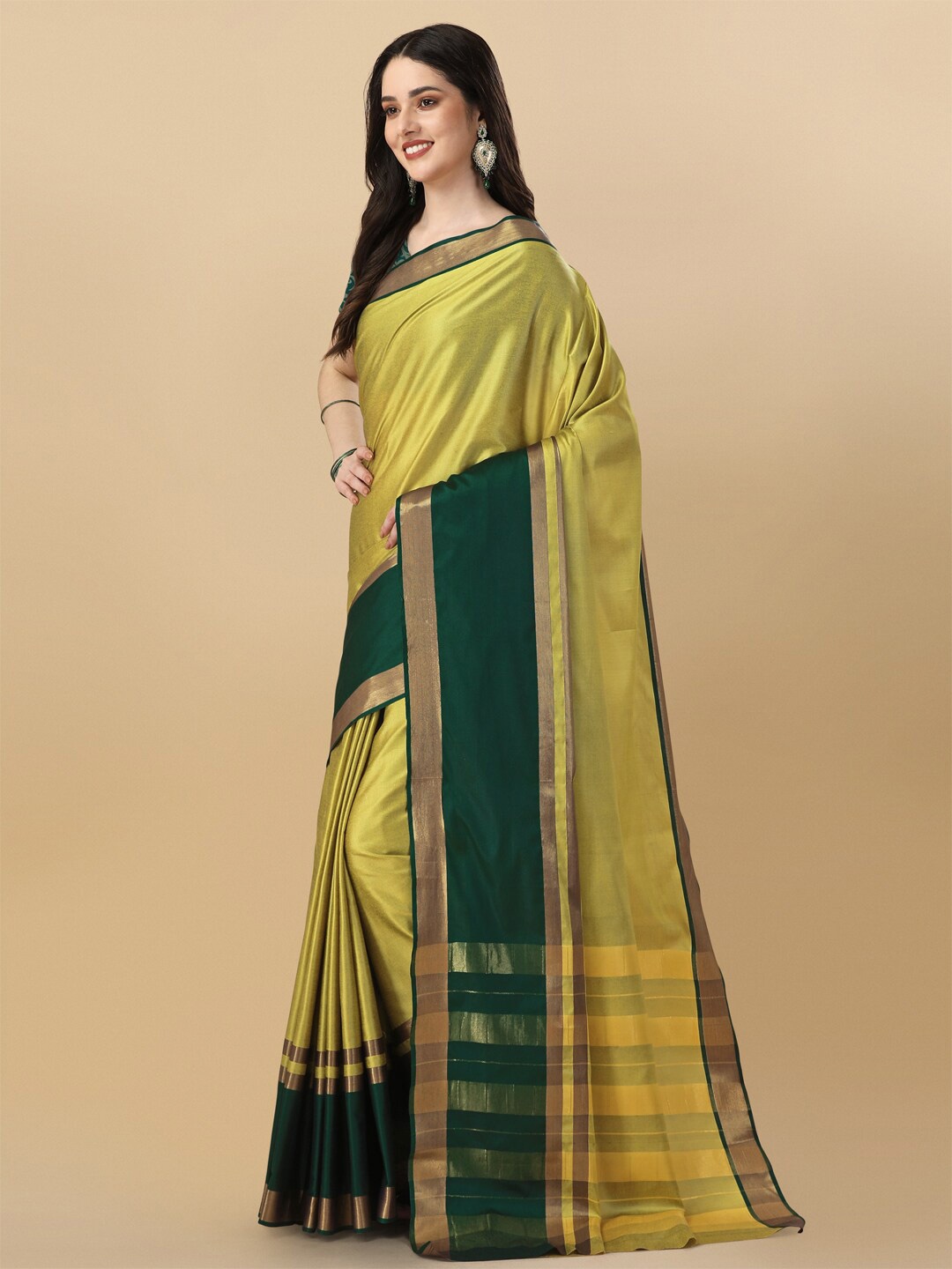

KALINI Zari Silk Cotton Saree, Lime green