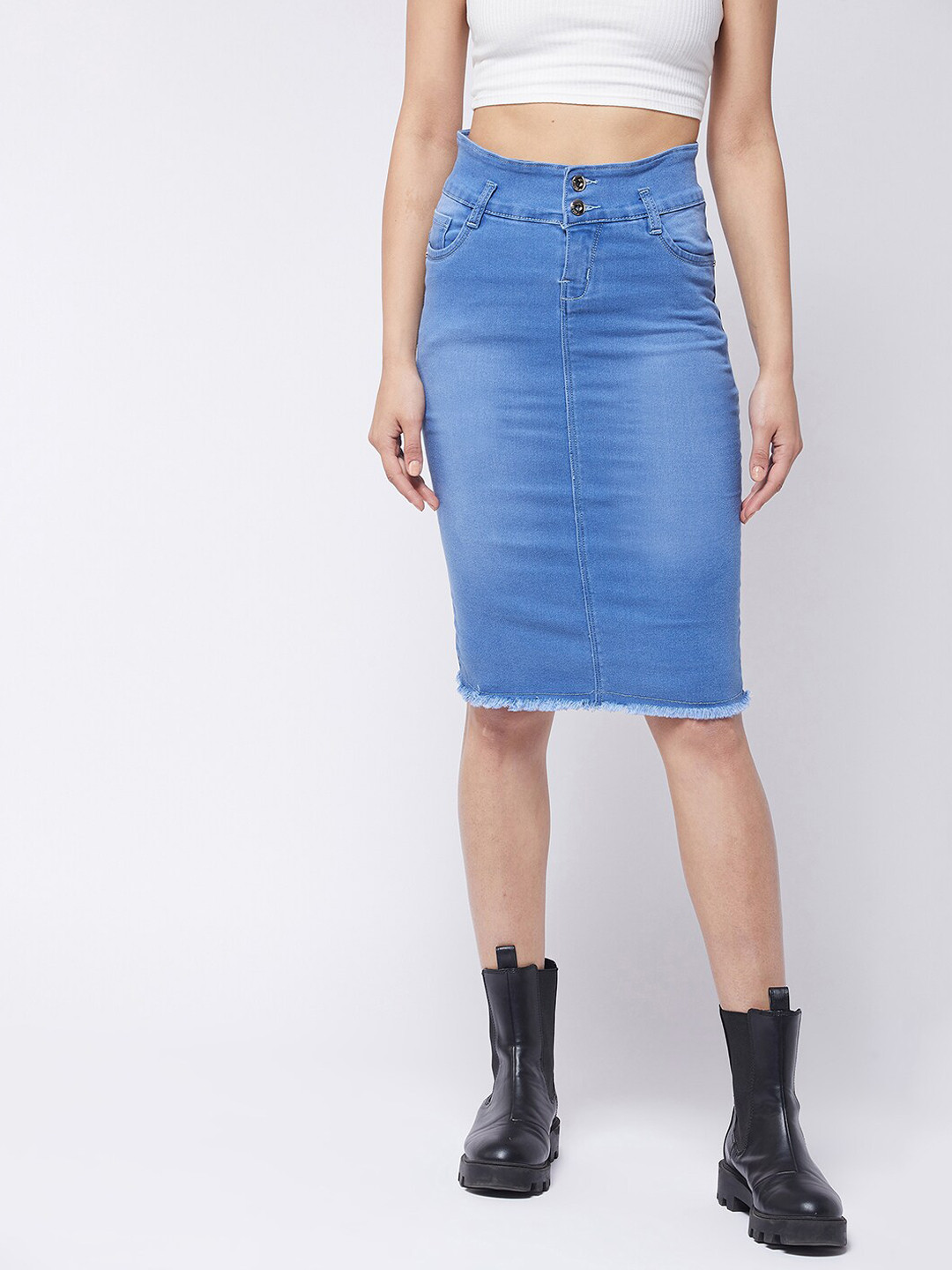 

Purple Feather Knee-Length Denim Pencil Skirt, Blue