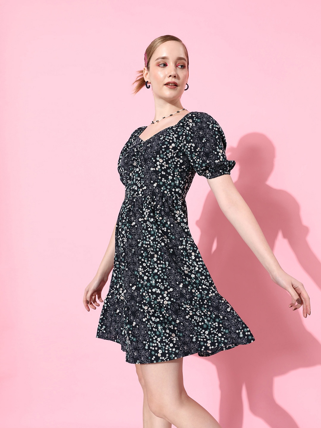 

Dressberry Night Sky Blue Floral Print VacayChill Sundress Fit & Flare Dress, Navy blue