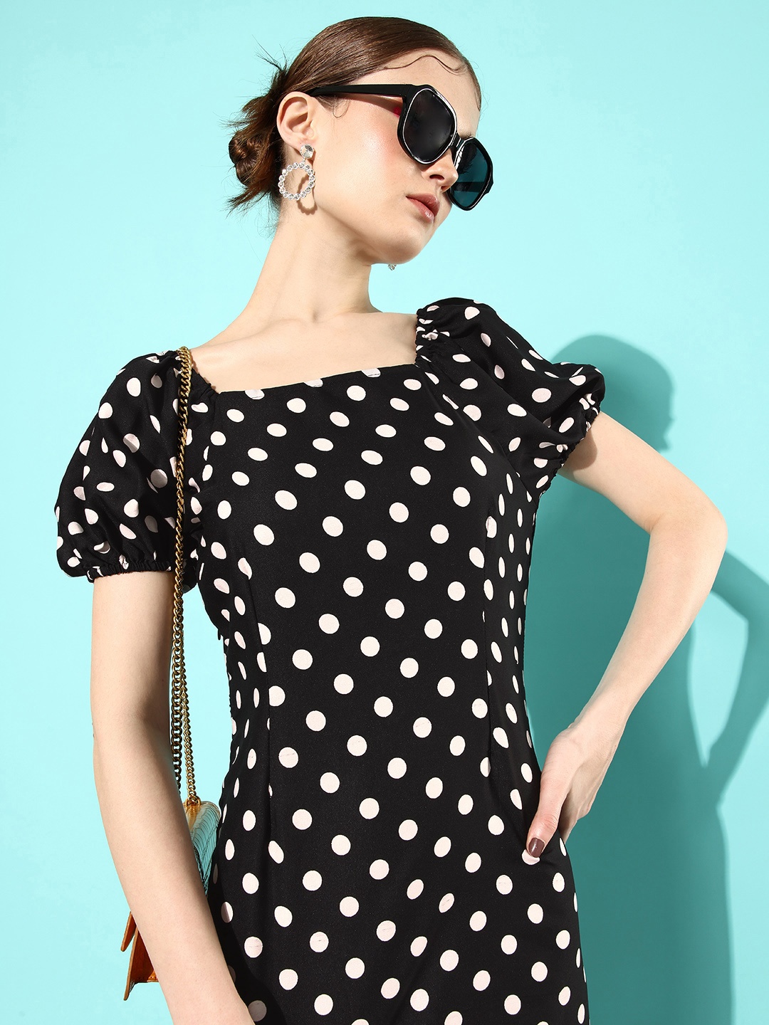 

Dressberry Basics Polka Dot Print Square Neck Puff Sleeves Sundress Sheath Dress, Black