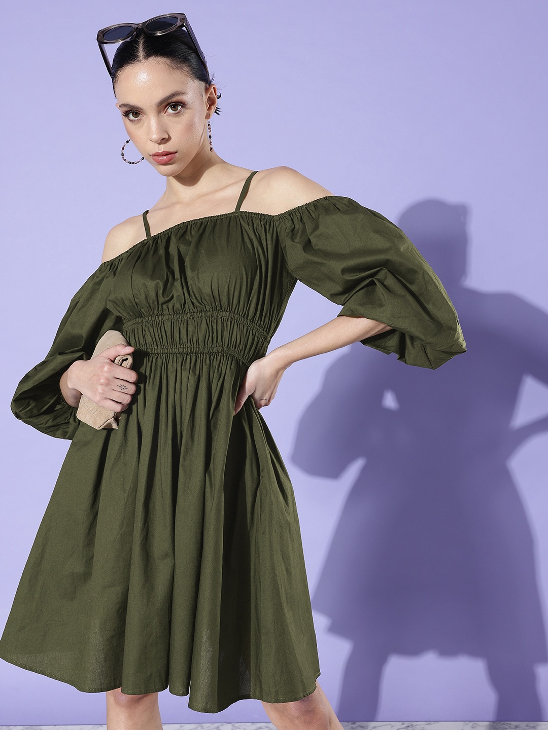 

DressBerry Off-Shoulder Puff Sleeves Pure Cotton Empire Dress, Olive