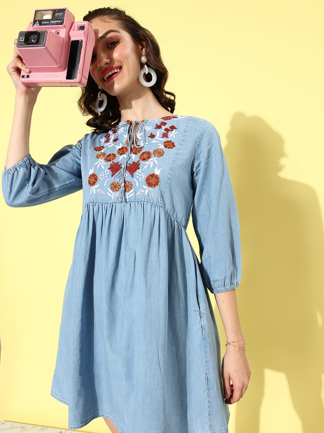 

4WRD by Dressberry Floral Embroidered Tie-Up Neck Denim Pure Cotton A-Line Mini Dress, Blue