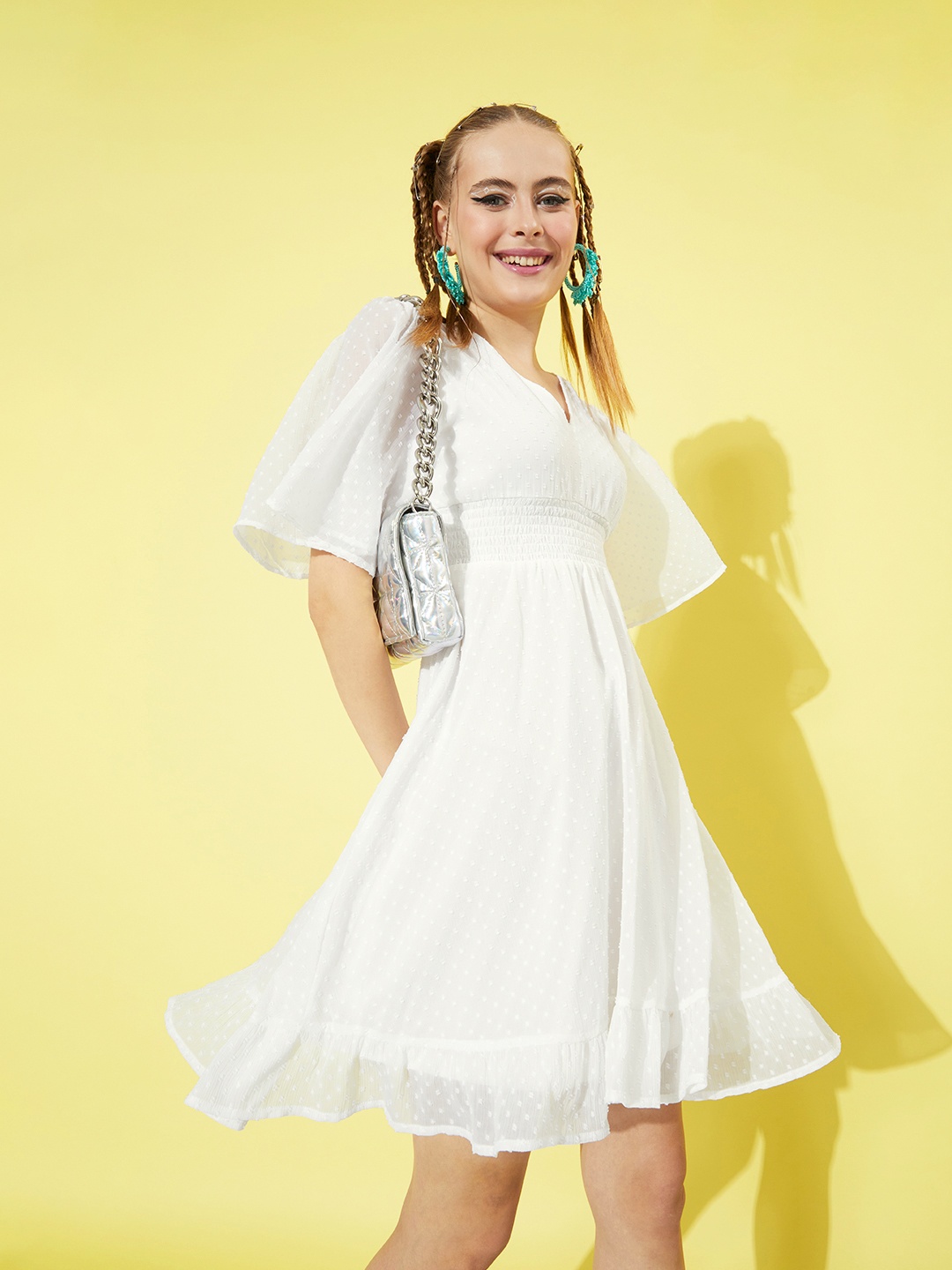 

Dressberry White Flared Sleeve A-Line Dress