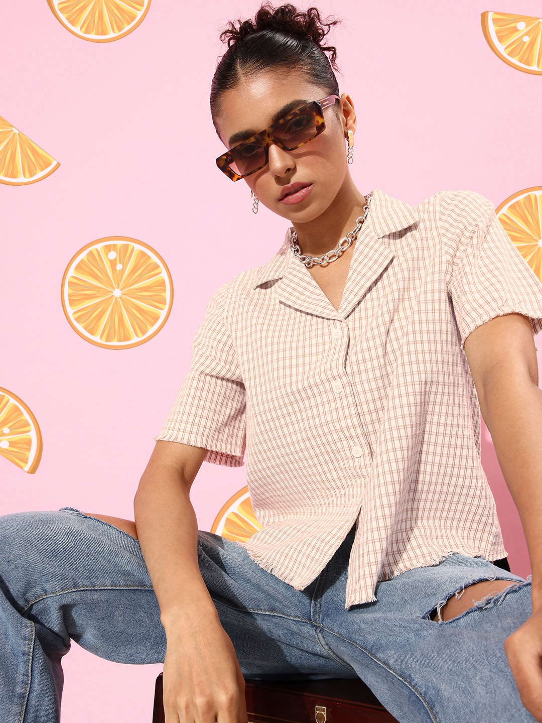 

DressBerry Off White Checked Raw Mini Pure Cotton Casual Shirt