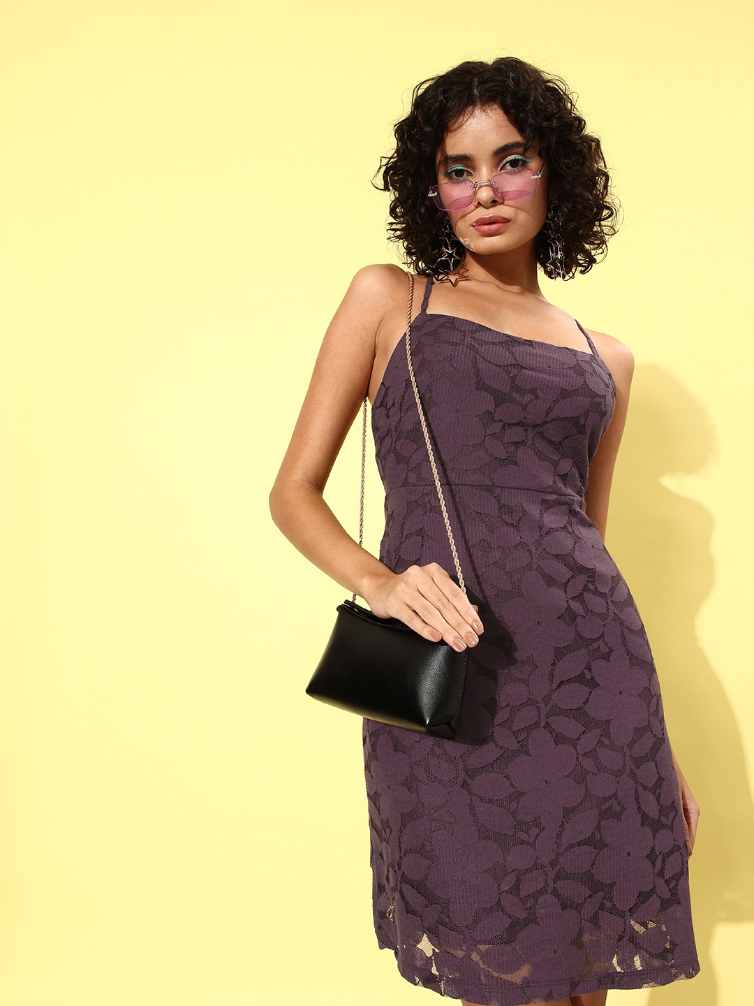 

DressBerry Floral Lace Detailed Styled Back Sheath Dress, Purple