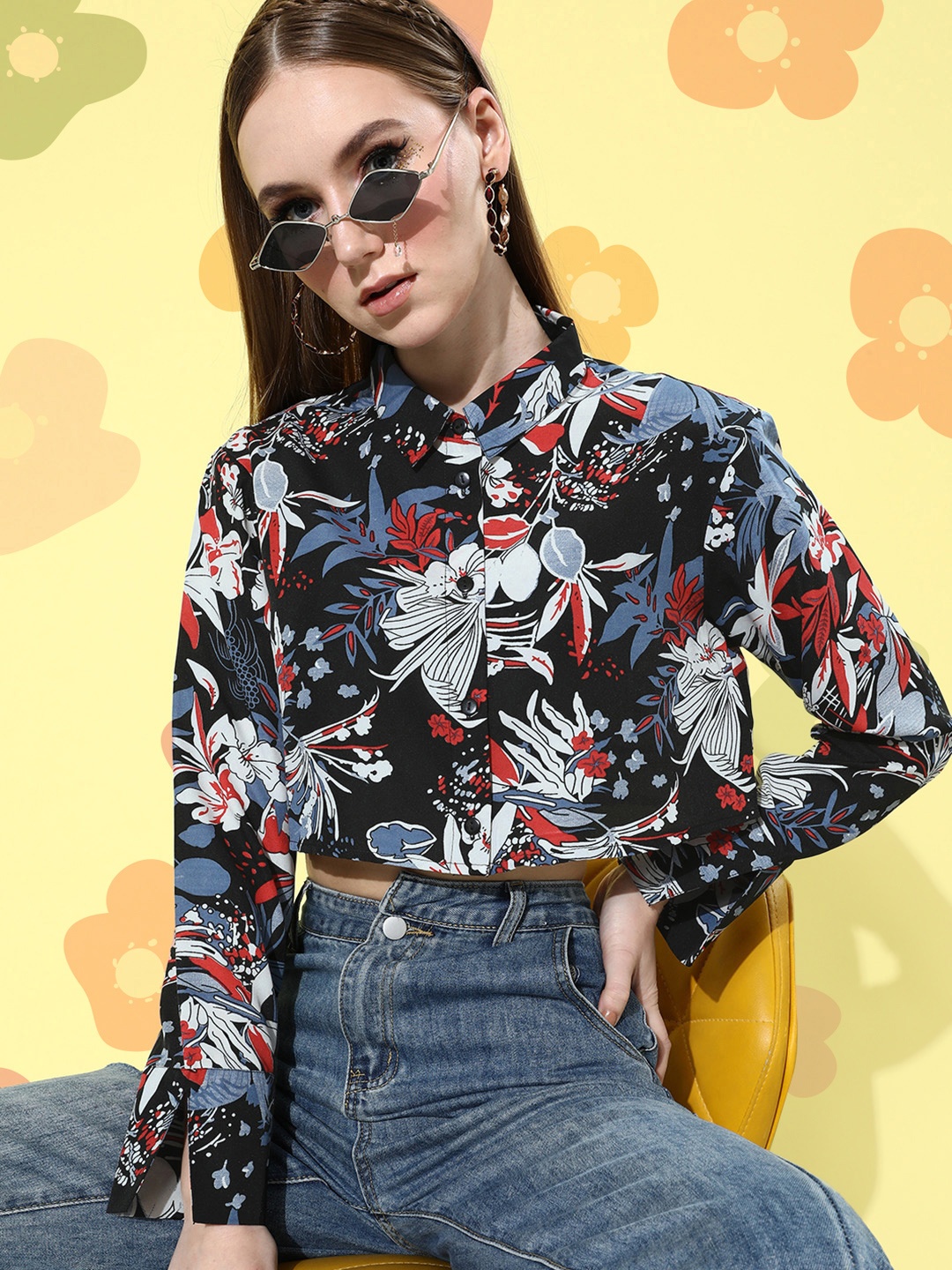 

DressBerry Jet Black Floral Printed Bohemian Edge Cropped Casual Shirt