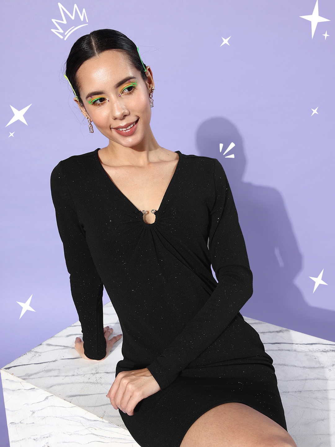 

Dressberry V-Neck Embellished Bodycon Dress, Black