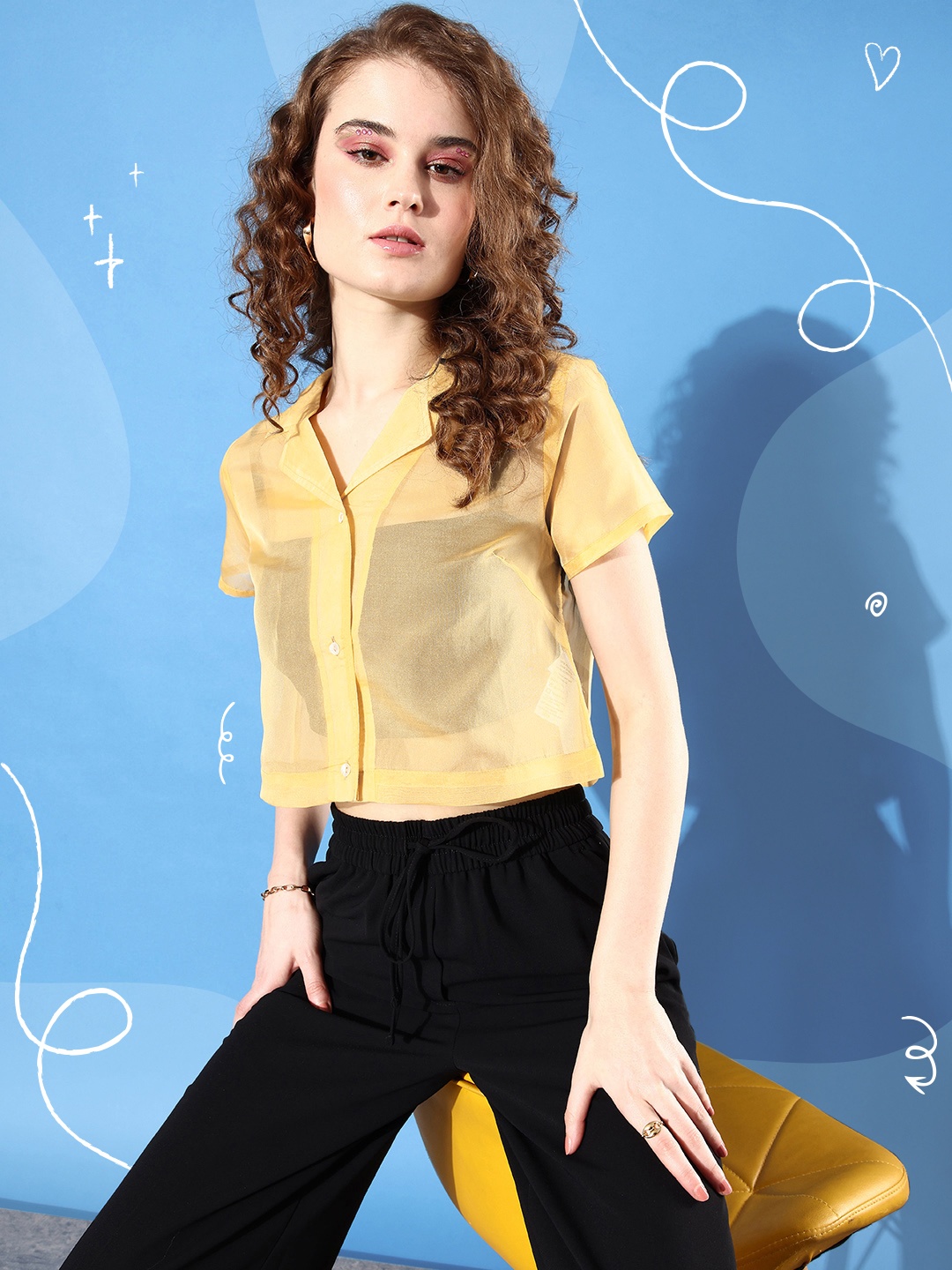 

DressBerry Wax Yellow Solid Cuban Collar Sheer Casual Crop Shirt