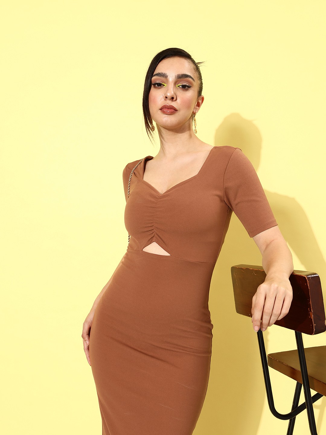 

DressBerry Cut-Out Detail Bodycon Midi Dress, Brown
