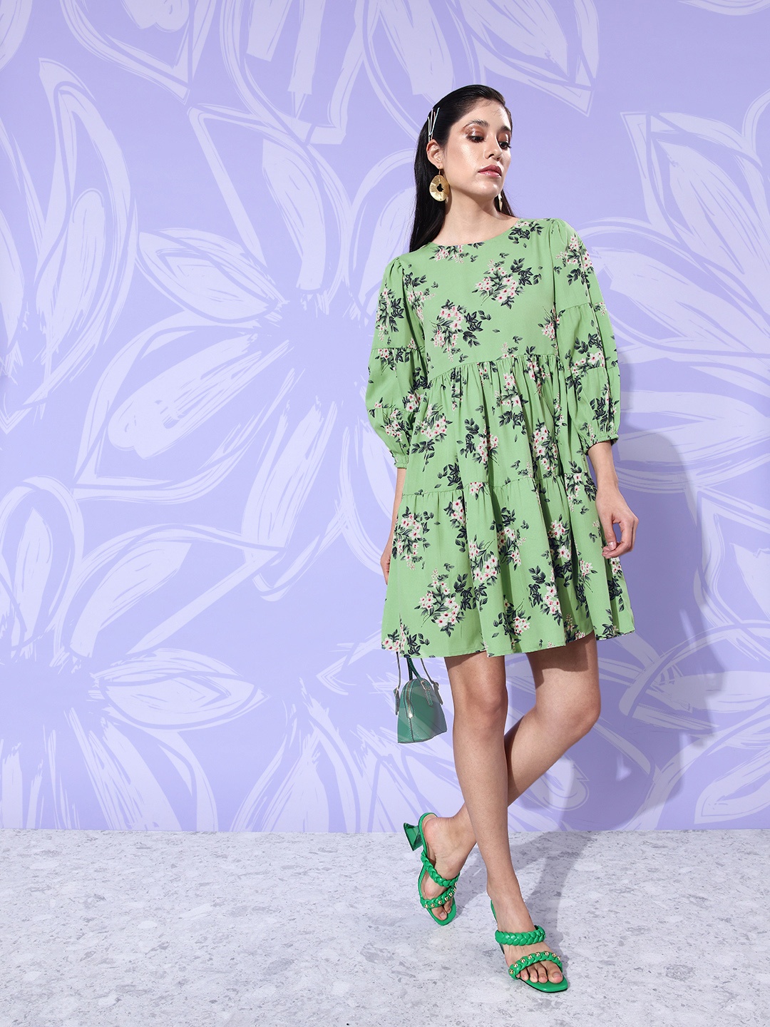 

Dressberry Mint Green Floral Puff Sleeve Tiered Vacay Chill Sundress A-Line Dress