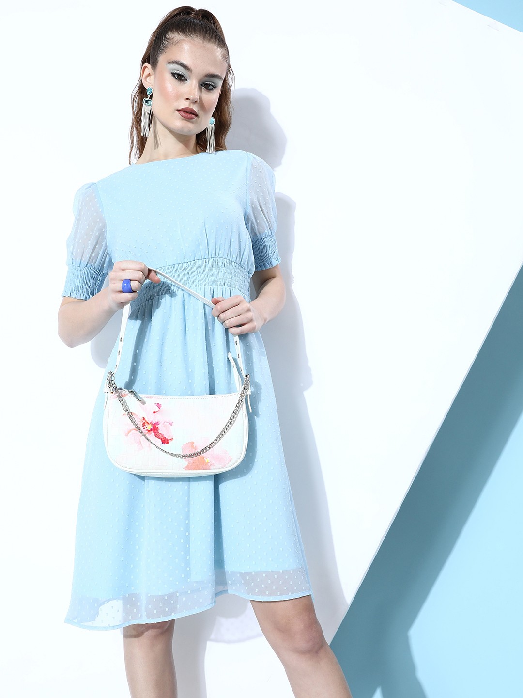 

DressBerry Round Neck Cuffed Sleeves Smocked Detail Dobby Empire Dress, Blue