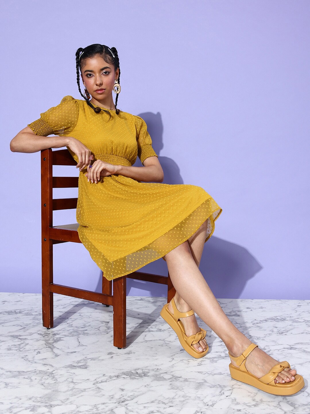 

DressBerry Dobby Puff Sleeves Fit & Flare Dress With Smocked Detail, Mustard