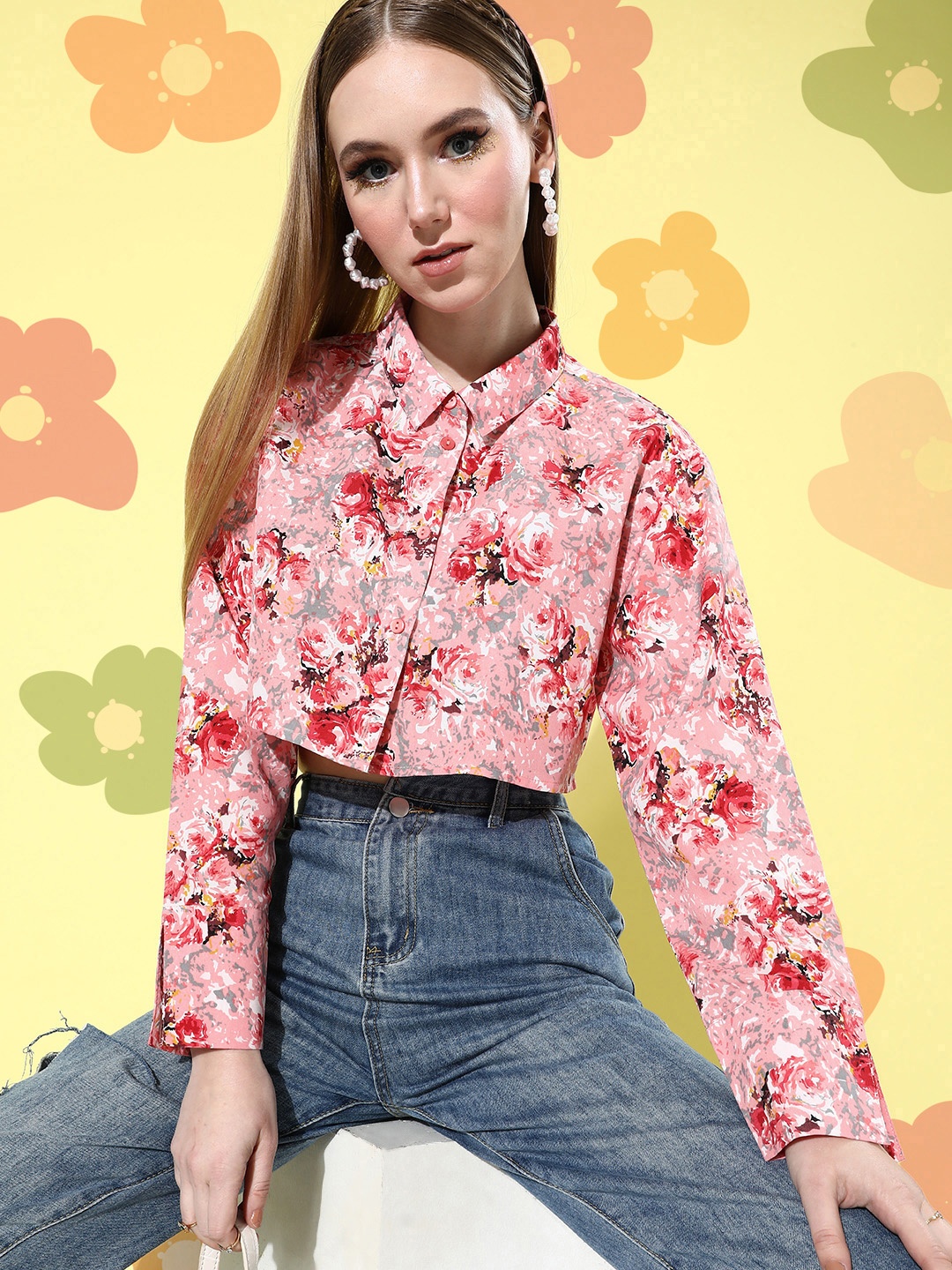 

DressBerry Pastel Pink Floral Printed Bohemian Edge Cropped Casual Shirt