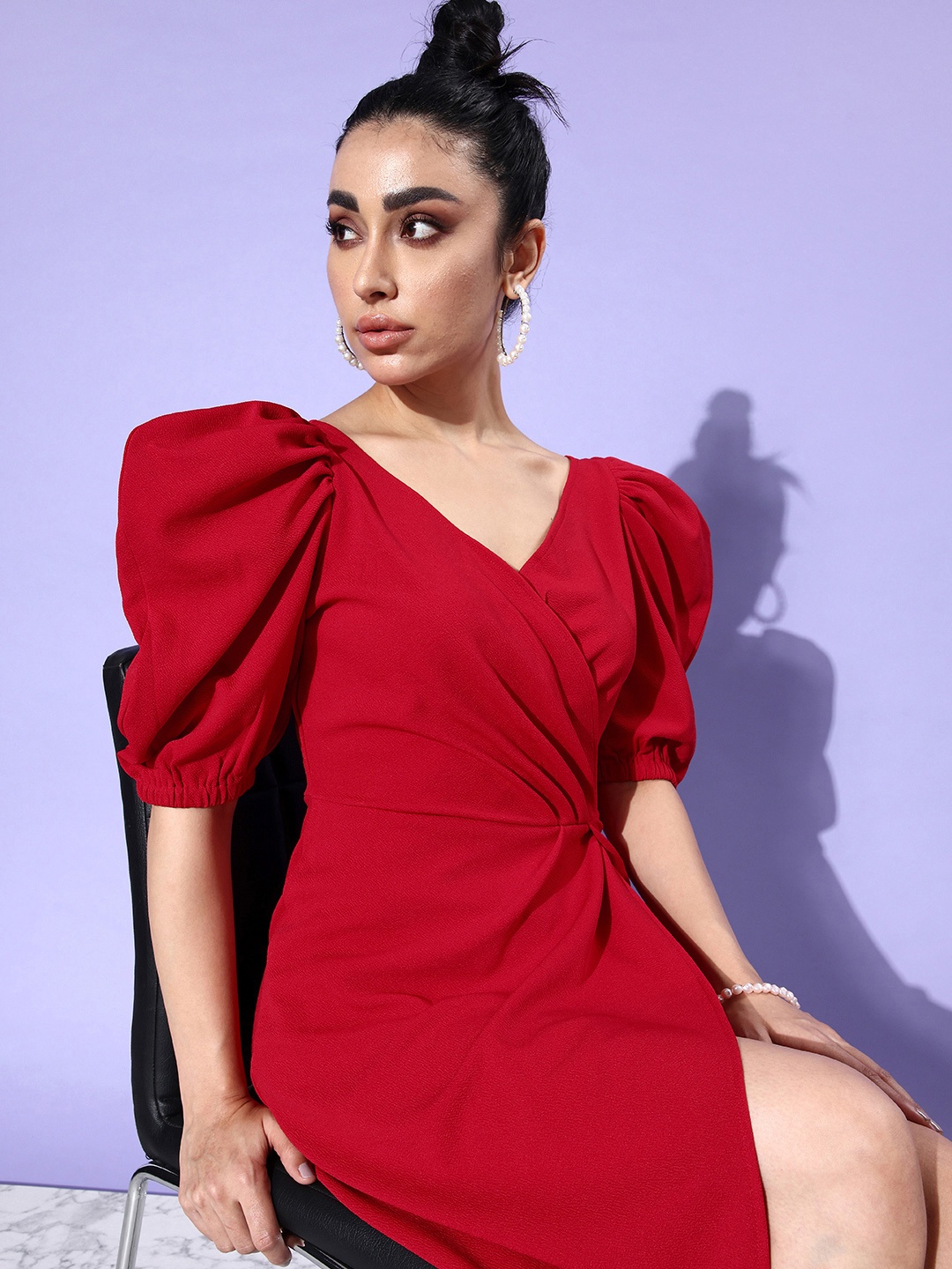 

DressBerry Hot Red 90's Hollaback Neck it is ! Puff Sleeves Wrap Dress