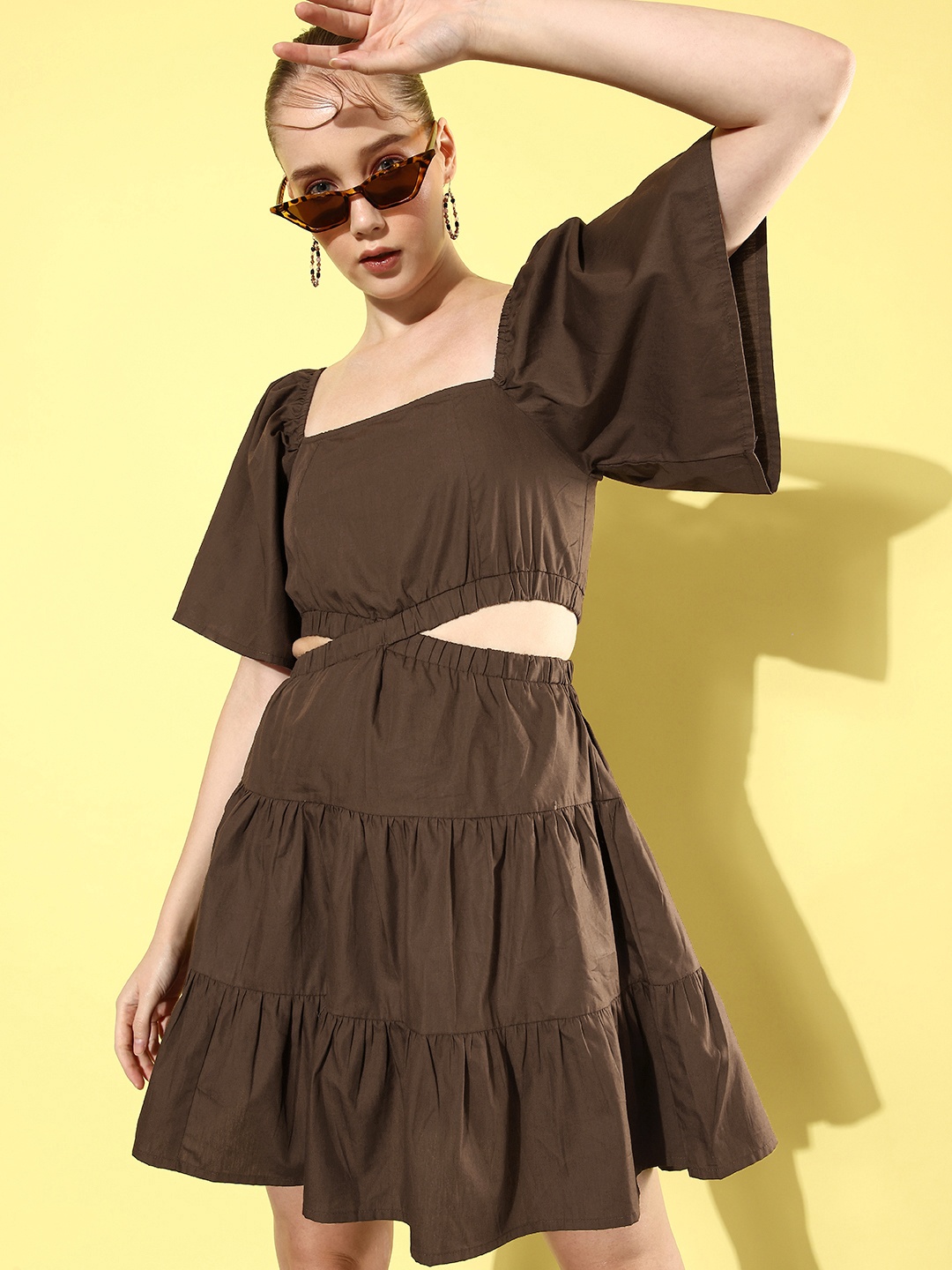 

DressBerry Rusty Brown Cutout Course Flared Sleeve Pure Cotton Fit Flare Dress