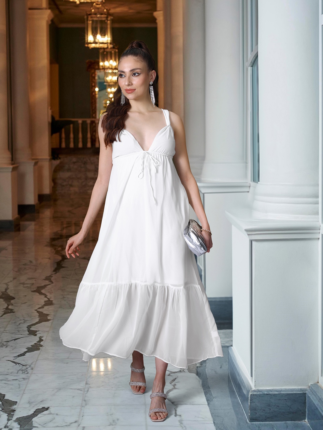 

DressBerry Solid Sleeveless Maxi Dress With Gathers Detail, White