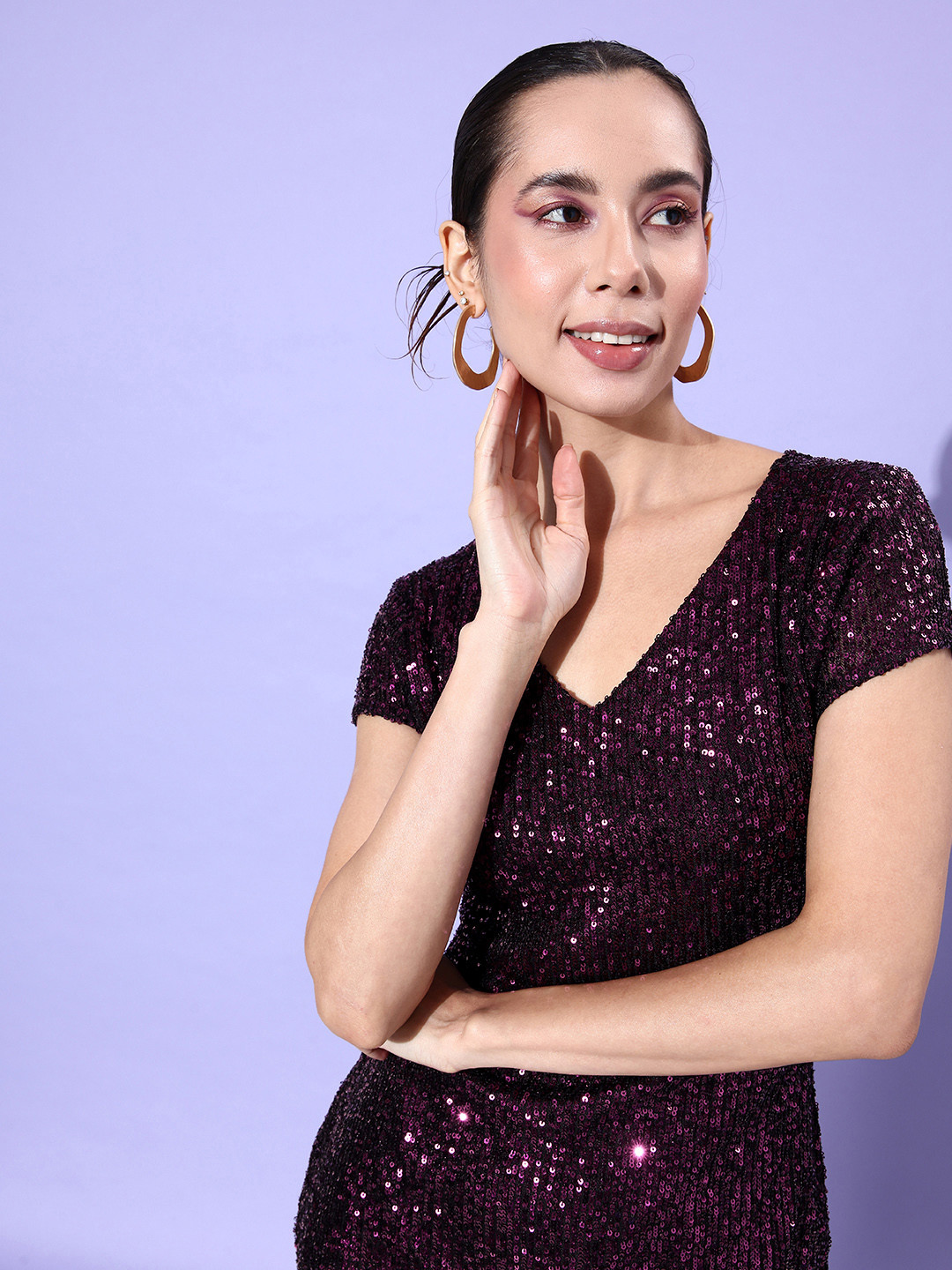 

DressBerry Deep Purple Sequined Bedazzeled Sheath Dress