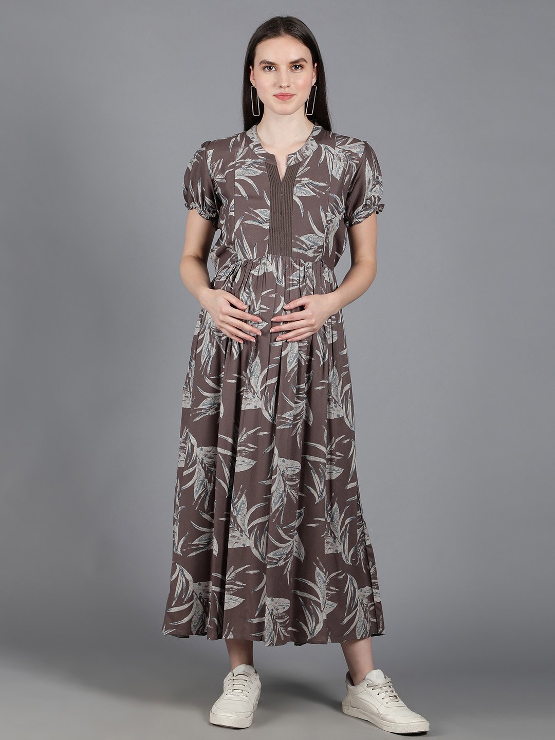 

NIGHTSPREE Ethnic Motifs Printed Cotton Maxi Dress, Grey