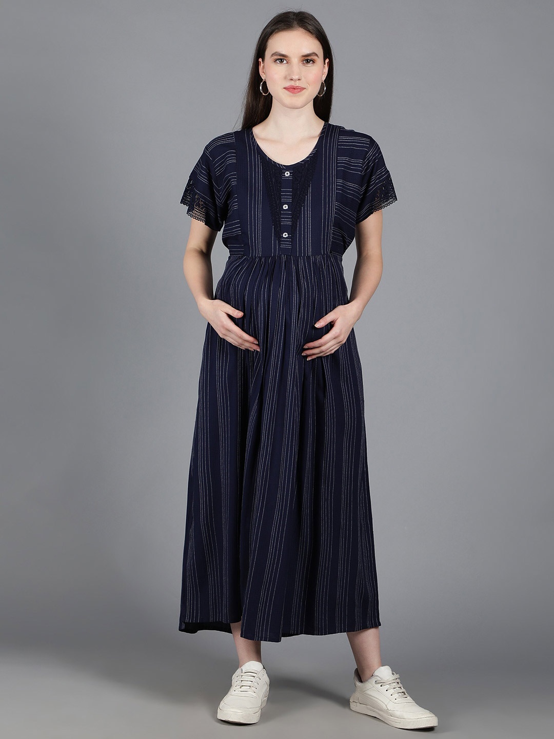 

NIGHTSPREE Striped Maternity Maxi A-Line Dress, Navy blue