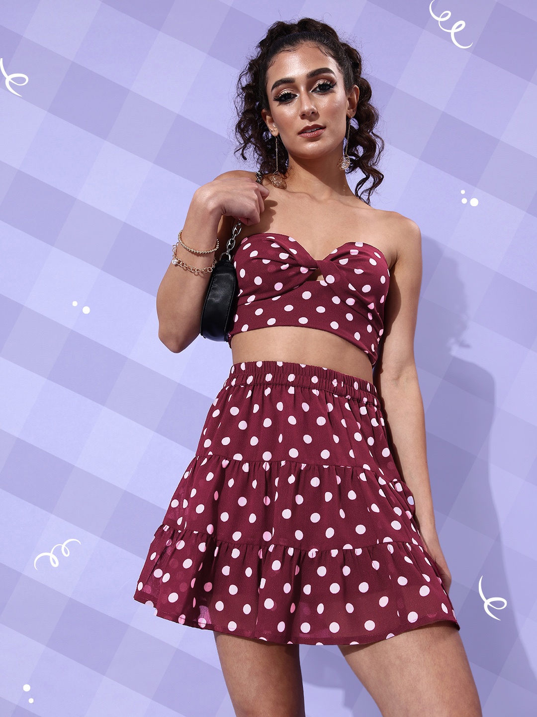 

DressBerry Plum Burgandy Polka Dots Printed We May Party-Co-ords Set, Burgundy